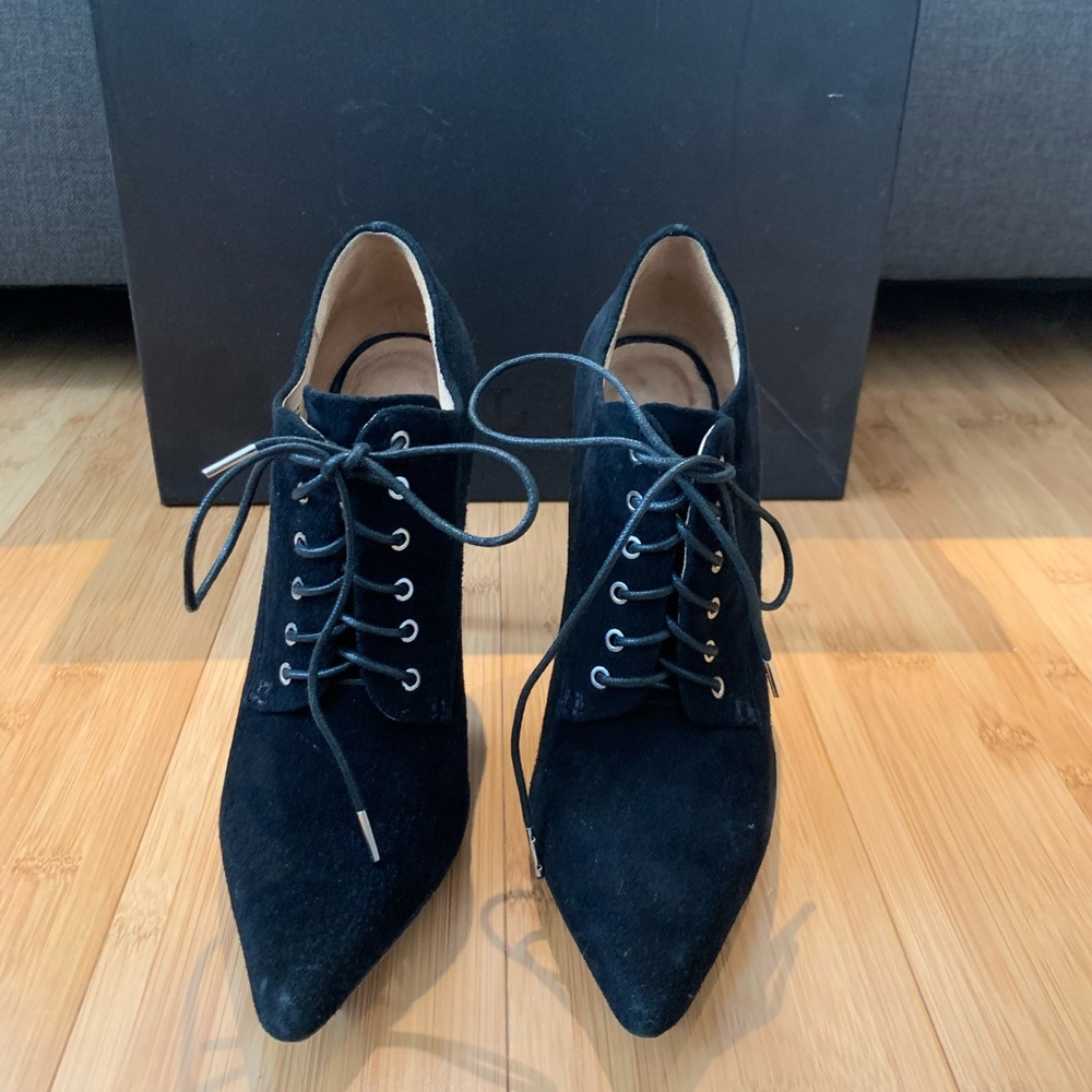 L.A.M.B. Black suede lace up pointy boots